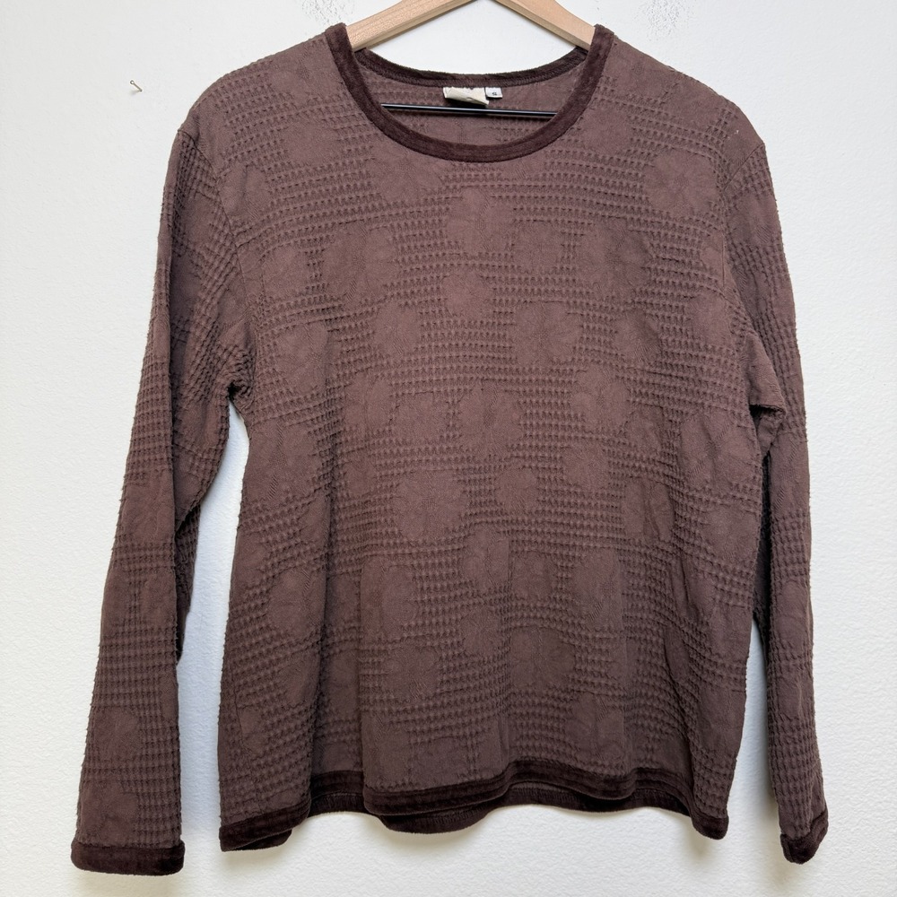 Focus USA Women Waffle Knit Top Medium Chocolate Brown‎ Velour Trim Floral Long